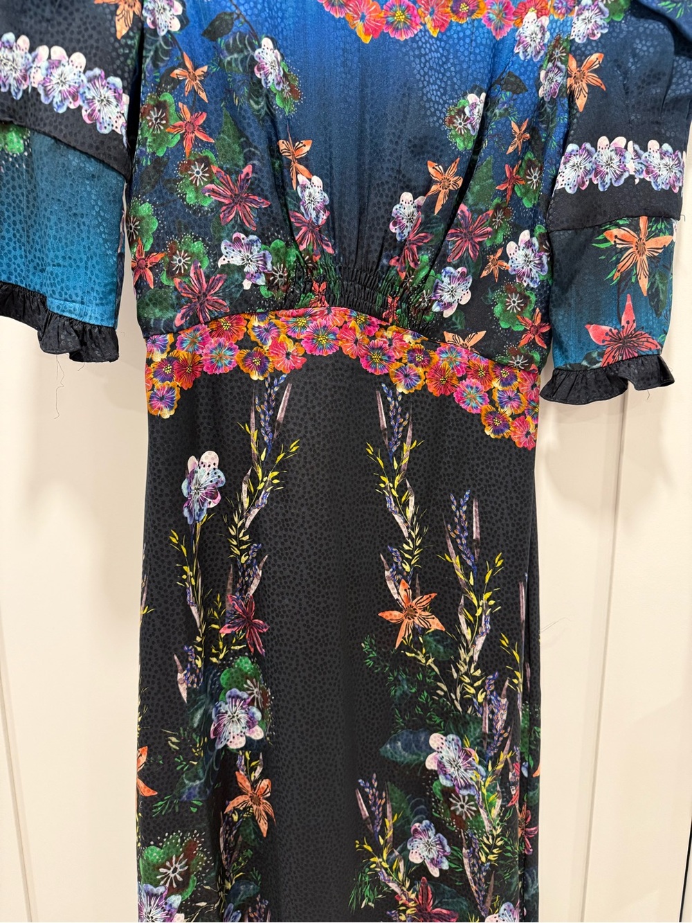 SALONI Teal and Black Floral High-Neck Midi Dress - Picture 3 of 8